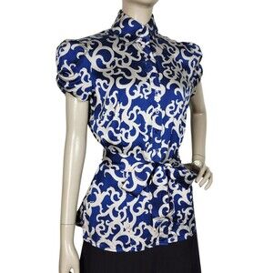 Vintage Y2k Bebe Silk Cobalt Grey Puff Sleeve Scroll Logo AOP Belted Blouse M/L